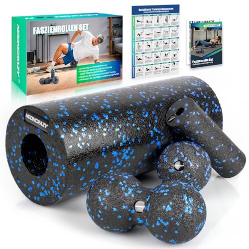 nooncrazy Faszienrolle Set mit Kordelzugbeutel und Training Posters, Faszien Set mit Faszienball Faszienrolle Klein und Duoball für Faszien Training von Muskeln, Bindegewebe und Stoffwechsel