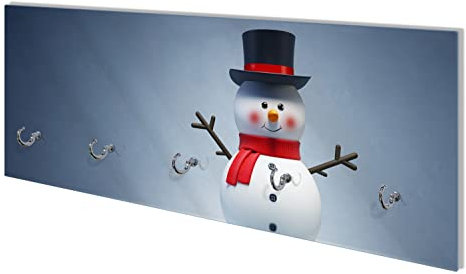 Wallario Wandgarderobe aus Glas in Größe 80 x 30 cm mit Memoboard-Funktion, Motiv: Winterstimmung - Frecher Schneemann mit Zylinder und rotem Schal | 5 Kleiderhaken zum Aufhängen von Jacken