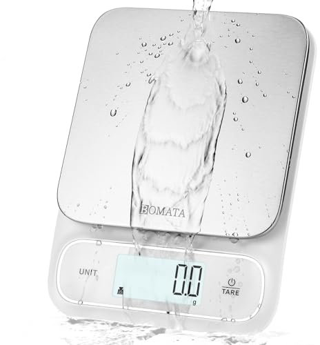 BOMATA Báscula de cocina resistente al agua IPX6, de alta precisión de 0.1g, con pantalla digital retroiluminada y plataforma de pesaje de acero inoxidable. Ideal para alimentos, cocina. B619 Blanco
