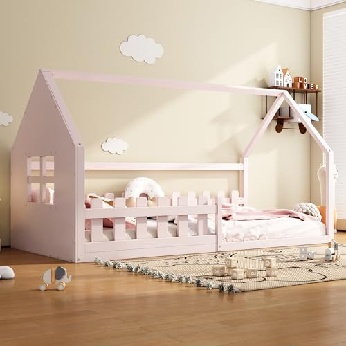 Kinderbett 90x200 cm, Hausbett Bettenhaus Bett mit Rausfallschutz & Lattenrost, Montessori Bodenbett Gitterbett Kinder Jugendbett Einzelbett für Jungen und Mädchen, Kiefernholz, Rosa, Ohne Matratze