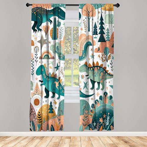 ABAKUHAUS Vorhänge 2er-Pack, Dinosaurier, Vorhang für Wohnzimmer Schlafzimmer, 4 Stück 150 cm x 175 cm, Petrolblau Teal Lachs