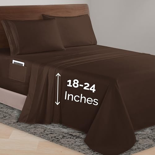 Elegant Comfort Luxurious 1500 Premium Hotel Quality Microfiber 4-Piece Sheet Set, 18-24 Inches Deep - Extra Deep Pocket Sheets - Ultra Soft 4PC Deep Pocket Sheets, California King, Chocolate Brown