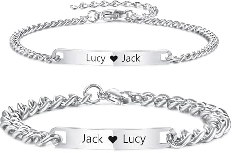 INBLUE Personalizado Pareja Pulseras Set Su y Su Grabado Nombre Personalizado Acero Inoxidable Ajustable Cadena Cubana Novio Novia Regalos Relación a Larga Distancia Parejas Regalos - C1