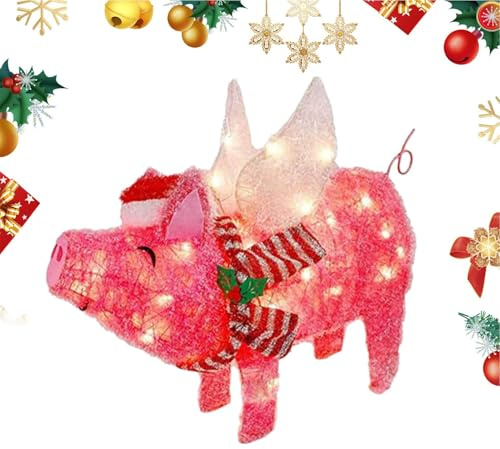 Weihnachten Fliegende Schwein | Fliegender Schwein Schreibtisch mit Weihnachtsmütze & Schal | beleuchtete Hofstatue, einzigartige Weihnachtsbaumspitze & Gartendekoration, Weihnachtsschwein
