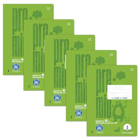 Staufen premio skolhäfte – 5 häften vardera, 32 ark, DIN A4, linjerat 3 (21 dubbla linjer), 90 g/m² återvunnet papper
