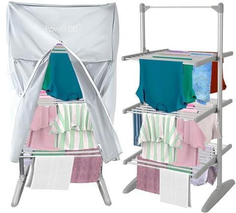 PowerDri 3-Tier Heated Clothes Airer with Free Insulated Cover | Foldable Slimline Design, 30 Heated Rails, 21m Drying Space, and 15kg Capacity | Energy-Efficient Indoor Dryer