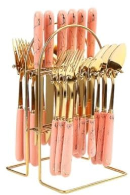 (24 Piezas) Mango De Cerámica Marmoleada Imitación Cocina Acero Inoxidable Cubiertos Vajilla Cuchillos Tenedores Juego Cucharas Para 6 Personas (Rosa,A)