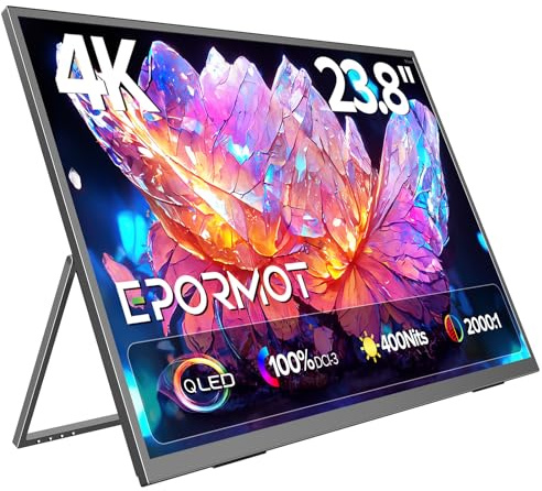 EPORMOT Portable Monitor 4K 23.8, 3840x2160 UHD 24 QLED Large Monitor, 400 Nits | 100% DCI-P3 | USB-C & HDMI | VESA & Stand | Second Screen for Computer, Mini PC, Game Consoles