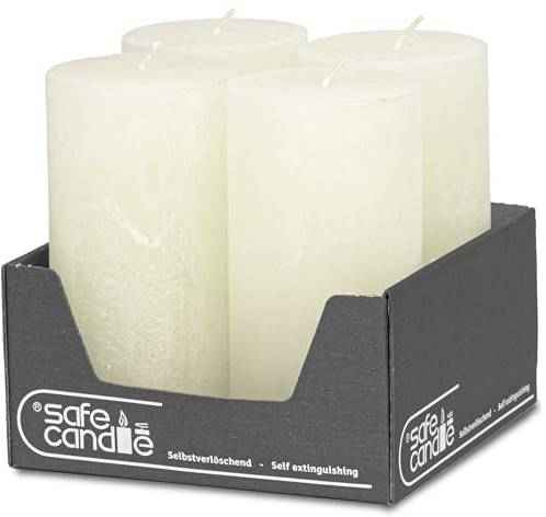 DecoLite Stumpenkerzen Rustik 14 x 7 cm, 69h, 4er Set, Wollweiß | Made in Germany, RAL-geprüft, selbstverlöschend, durchgefärbt, ruß- & tropffrei, Kerzen für Advent, Hochzeit & Gastronomie