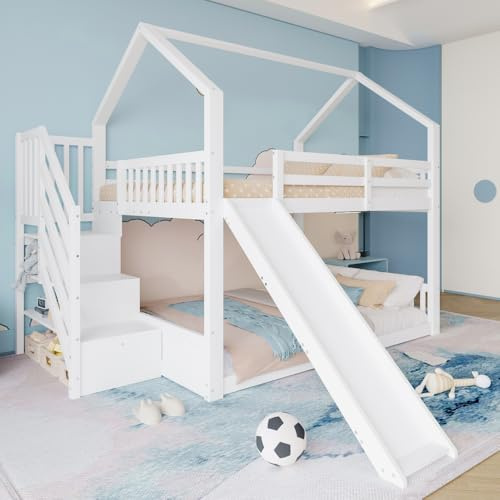 OOIILLEE lit superposé pour Enfants avec escalier de Rangement et Toboggan, Lits en Forme de Maison avec barrières pour garçons et Filles, Cadre en Bois Massif (140 * 200cm-Blanc)