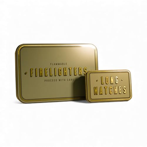 TINIT Firelighter and Match Tin Set - Storage Accessory Metal Tin Natural Woodburner Fire Stove Fireplace Fireside Mens Gift Present BBQ Matches Unique Gift Housewarming (Gold on Green)