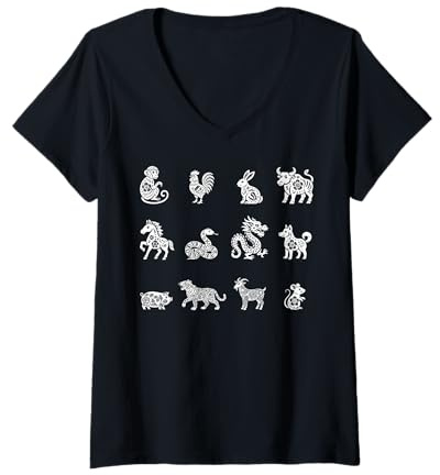 Femme Signes lunaires Animaux du Zodiaque Chinois Nouvel an Chinois T-Shirt avec Col en V