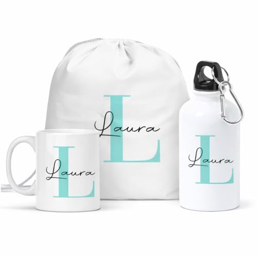 Pack Mochila Botella y Taza Personalizada Inicial y Nombre Cuadro Vichy