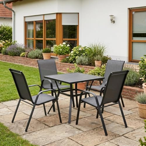 GarveeMore Gartenstühle 4er Set, Stapelstuhl Metall mit Textilene, Wetterfester Hochlehner Gartenstuhl, Balkonstühle & Terrassenstühle 4er Set für Pool & Outdoor, Schwarzgrau/Schwarz