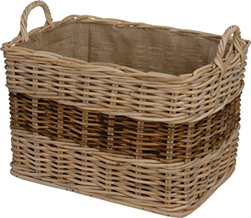 Panier à bûches stable en osier tressé avec panier en toile de jute intégrée et panier en bois naturel non traité Marron clair rayé