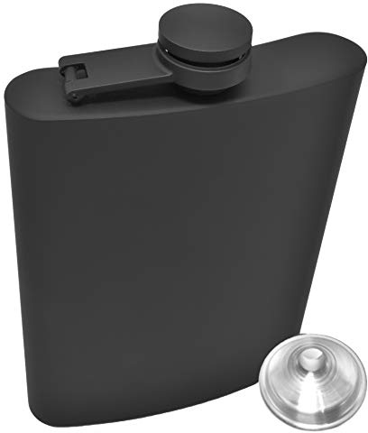 Hip Flask for Liquor 8 Ounce Stainless Steel Black Matte Black Hinge Leakproof with Funnel in Black Box for Men and Women by IDALIO