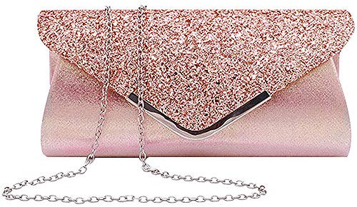 MEGAUK Damen Clutch Glitzer Elegant Abendtasche Glänzend Handtasche Envelope Tasche Strass Unterarmtasche mit Kette für Hochzeit Wedding Prom Party (Bling Rosa)