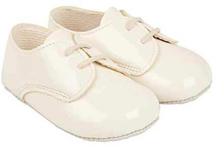 EARLY DAYS Baypods, B010 Lace up Gibson Style Pre Walker Baby Shoes Made in The Softest Faux Leather, Ivory Patent, Made in England
