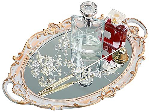 MOAMUN - Vassoio a specchio decorativo, ovale vintage per profumo, trucco, gioielli, cosmetici, vassoio di servizio per spogliatoio, camera da letto, soggiorno, grigio dorato