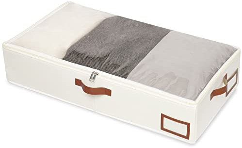 Yawinhe Contenitori Sottoletto Confezione da 1, con Finestra Trasparente Manici Rinforzati Scatole per Vestiti con Cerniera,per Trapunte, Coperte, 60x30x15cm, Beige, SNH001BES-1