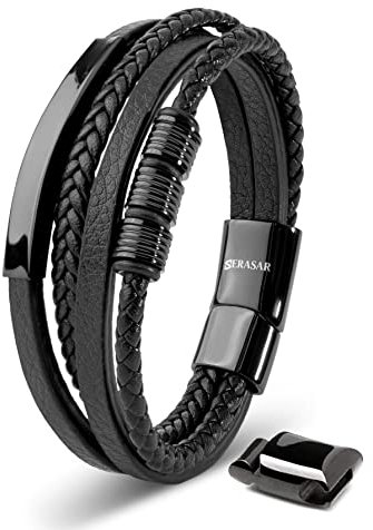 SERASAR Herrenarmband Leder 23cm Schwarz Männer Armband Armreif Herren Lederband Herrenarmreif Armschmuck Schmuck Armkette Flecht Wickelarmband Kette