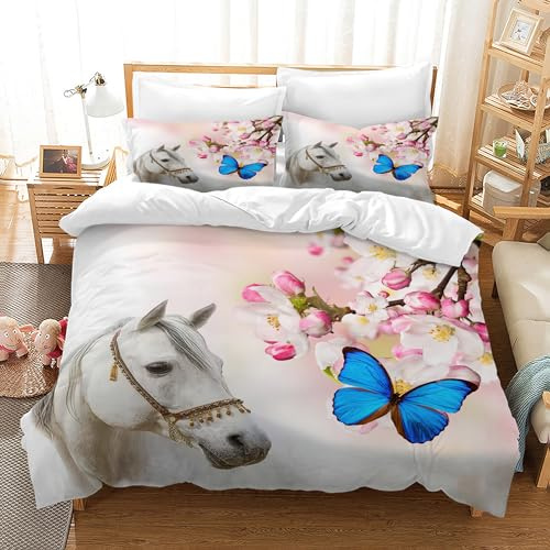 JEFFEL Juego de ropa de cama infantil de 220 x 240 cm, ropa de cama infantil, diseño de animales en 3D, microfibra, muy suave, juego con funda nórdica y funda de almohada (caballo 7, 220 x 240 cm)