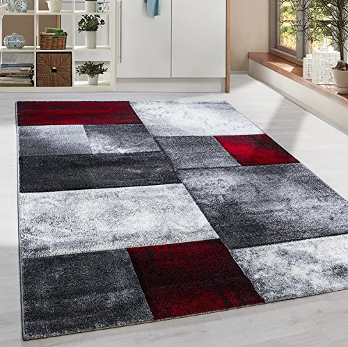 Homebyhome matta XL 240x340 cm kort lugg konturskuren röd grå vit rutdesign extra mjuk tvättbar för stort vardagsrum eller matsal