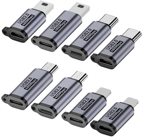 Jadebones USB C to Micro USB/Mini USB/Lighting Adapter, Light-ning to USB C/Micro USB Converter, Micro USB 2.0 to Type C/Lighting/Mini USB Connector (8 Pack)