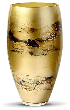 Terroso – Vase – Mundgeblasenes goldenes Glas – Luxuriöses Erscheinungsbild, Stilvoll & Elegant - 38 cm hoch - Marmoroptik – Blumenvase