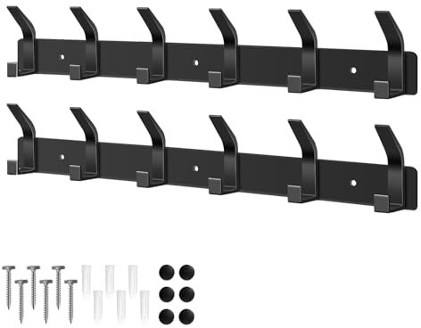 AUXHCYL 2 Stück Kleiderhaken Wand mit 6 Haken, Hakenleiste Garderobe für Schlafzimmer Bad Küche, Garderobenleiste Wandgarderobe für Jacken, Mäntel, Taschen, Hüte und Schals bieten (Schwarz)