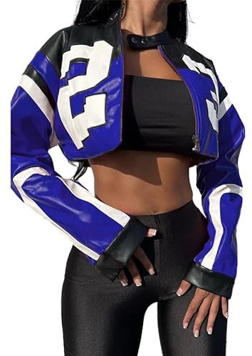 VOIKERDR Leather Jacket Cropped Jacket Motorcycle Jacket Y2K Letter Bomber Jacket Women Faux Leather Jacket Streetwear