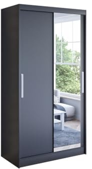 Easy4You K6 100 cm Schwarz Schiebetüren Kleiderschrank 100x200x58 cm mit Spiegel - Schlafzimmermöbel, Aufbewahrung - Mehrzweckschrank