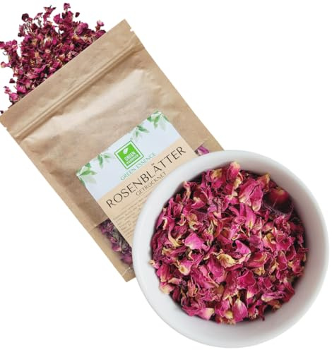 Rosenblütenblätter 100g, Rosenblüten Blätter Tee von Green Essence | Rosenblätter 100 g, getrocknete Blumen, Rosenblüten Tee, Essblüten, Blütenblätter für Tee & Backen, Essabre Rosen
