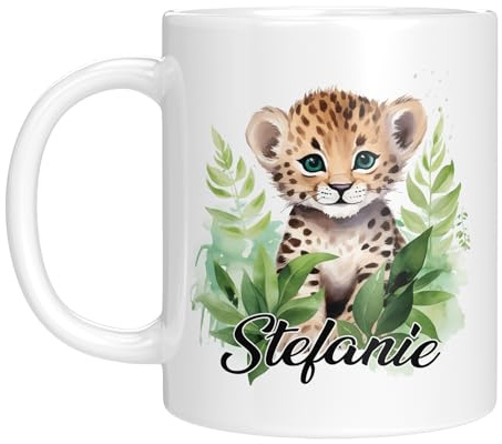 TassenTicker - Personalisierte Kindertasse mit Namen - mit Tieren - für Jungen & Mädchen - Tasse - Geschenk - Geburtstagsgeschenk - Namensgeschenke - Keramik - 330 ML (Gepard)