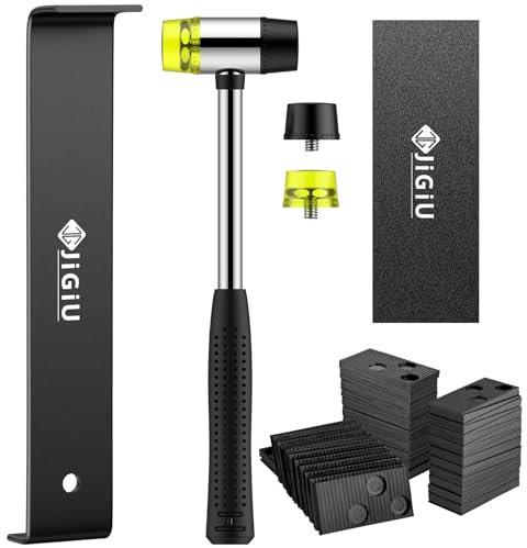 JiGiU 65 tlg. Laminatboden Kit Vinylboden Verlegeset Laminat Holzfußboden Installation Set mit 60x Montagekeile, 1x Schlagklotz, 1x Zugstange, 1x Hammer, 2x Ersatz Hammerkopf, für Laminat, Parkett