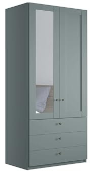 WIEMANN Drehtürenschrank mit 3 Schubkästen, mit 1 Spiegeltür Links, Landhausstil Kleiderschrank 100cm breit, Salbeigrün, Höhe 216cm, Marlow