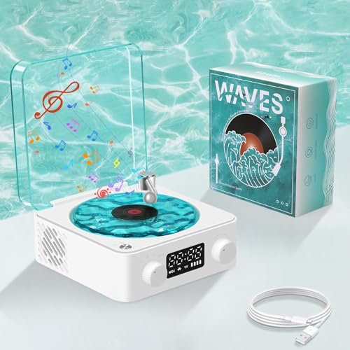 The Waves Vinyl Player, Vinyl Plattenspieler mit Wasserripple-Licht, 360°-Stereo-Record Player mit 3 einstellbaren Lichtmodi und 4 natürlichen Klangmodi, kompatibel mit Bluetooth, TF und AUX (Weiß)