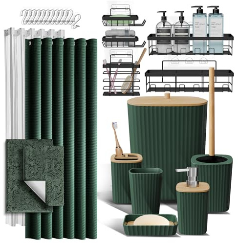 Shower Caddy and Bathroom Accessories Set with Bath Rugs 27PC Bathroom Accessory Set with Shower Caddies Green Bath Rugs, Shower Curtain Set, Toilet Brush, Trash Can, Soap Dispenser, Toothbrush holder