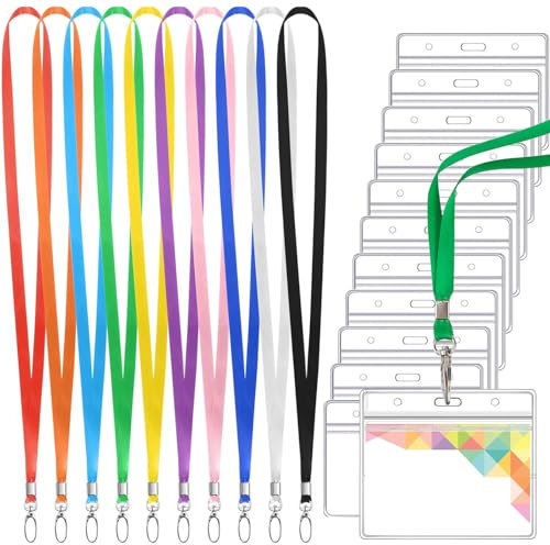 QEEROYO Ausweishülle mit Band, 10er Set Transparente PVC Wasserdichte Ausweishülle mit Lanyard und Clip für ID-Karte und Schlüssel