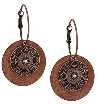 MINACHI Vintage Boho Multilayered Antique Metal Flower Charm Wooden Disc Dangle Drop Earrings, Bohemian Statement Jewelry Gift for Women