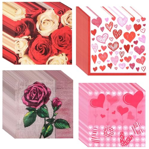 Valentinstag Servietten Rosen Cocktail-Servietten Schmücken Sie Ihren Valentinstag - 80 Stück Servietten in Orange, Frühling und Herzformen für alle Anlässe