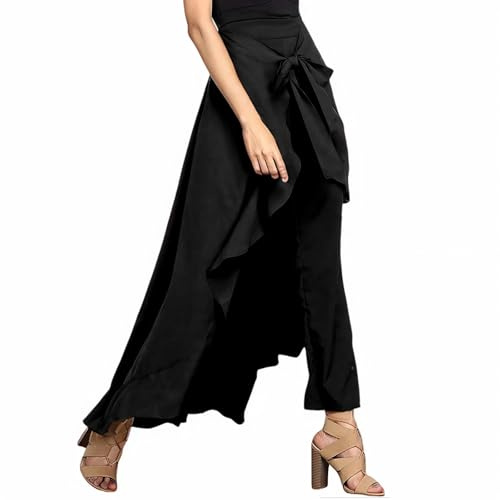 Meichoon Pantalones de Talle Alto para Mujer Talla Grande Pantalones Largos de Gasa con Falda Superpuesta con Volantes Negro S