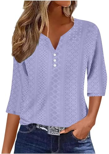 Womens 3/4 Sleeve Tops V Neck Tee Casual Eyelet Hollow Shirts Button V Neck Dressy Casual Shirts Elegant Blouse A-Purple