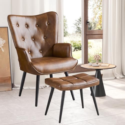 Ckaff Fauteuil Salon avec Repose-Pieds, Fauteuil Scandinave Relax en Similicuir avec Accoudoirs & Dossier, Chaise Chambre pour Salle à Manger, Salon, Chambre, Chaise Bureau, Allaitement, Brun