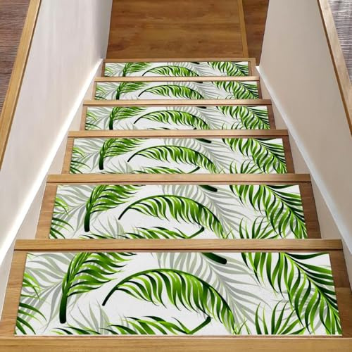RODAILYCAY Alfombra de peldaños de escalera con patrón de palmera, 15 unidades, 76 x 20 cm, para peldaños de madera para interiores, antideslizante, alfombra de pasillo para niños, ancianos y perros