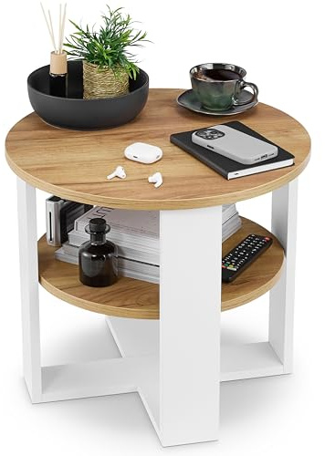 defiPad Tavolino da salotto rotondo Ø53 cm – elemento laterale da divano con ripiano, 2 livelli, arredo soggiorno moderno, bianco e rovere, design industriale, prodotto in UE