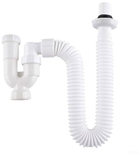 Allthingstore U-förmiges S-förmiges Teleskop-Ablaufrohr aus ABS mit geruchshemmendem Wasserfang und Reinigungsanschluss für Badezimmer, Waschbecken, Waschbecken, Sanitärinstallation (weiß)