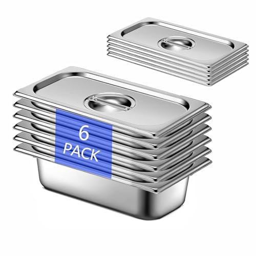 6 Stück GN 1/3 Behälter, 32,5 x 17,5 x 6,5 cm Edelstahl Behälter mit Deckel, Gastro Behälter für Speisen, Torten, Hotelpfanne Tisch Food Pan