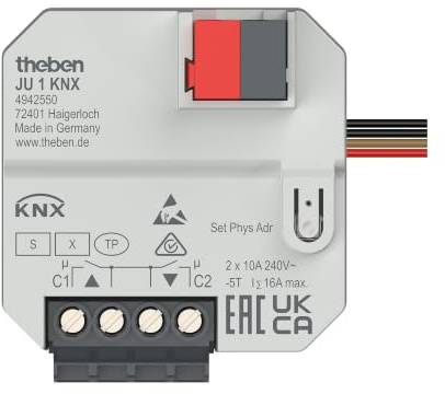Theben 4942550 JU 1 KNX Unterputz-Jalousieaktor 1-fach Secure | UP, 1 Kanal, Data Secure, 2 Binäreingänge, Jalousien/Rollladen/Markisen/Dachluken, integrierte Lüftungsautomatik, KNX TP