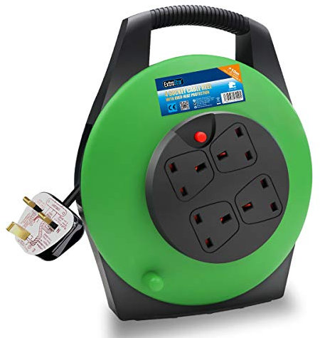 ExtraStar 13A Electrical Extension Reel, 4 Sockets Cable Reel with Winding Handle 1100W/3120W Thermal Cut Out, Heavy-Duty 10M Extension Lead - Green